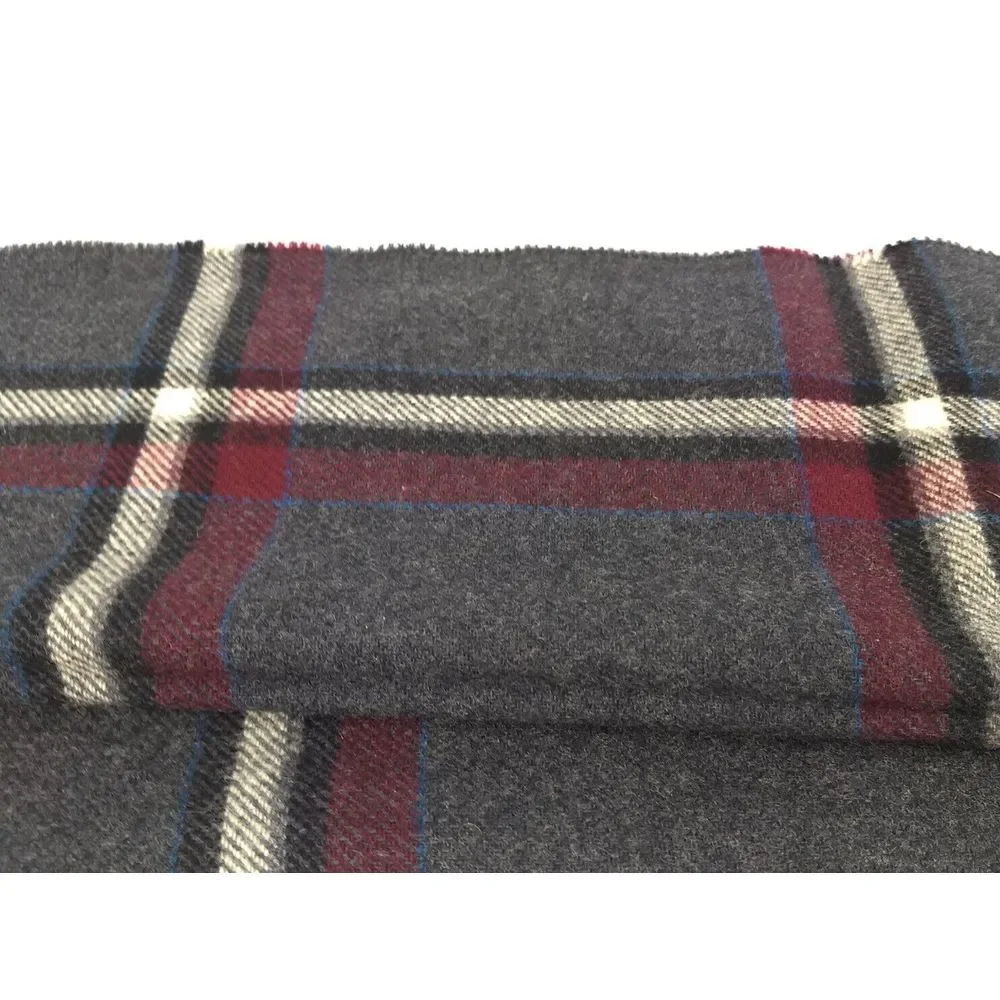 Briggs 100% Virgin Wool Scarf Mens Plaid Dark Grey Cranberry Mini Fringe England